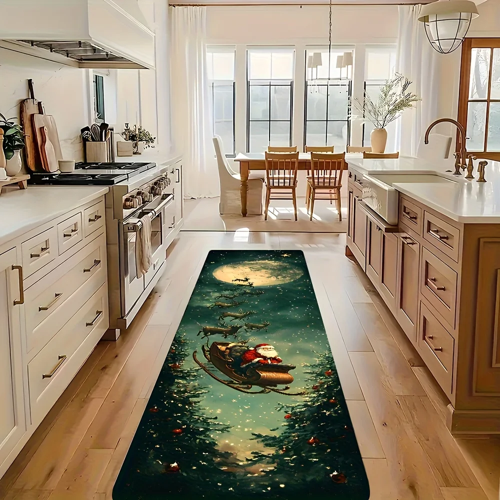 1pc Santa‑Sleigh Printed Long Runner Rug, Christmas Home Decor Floor Mat for Living Room, Kitchen, Bedroom & Bathroom