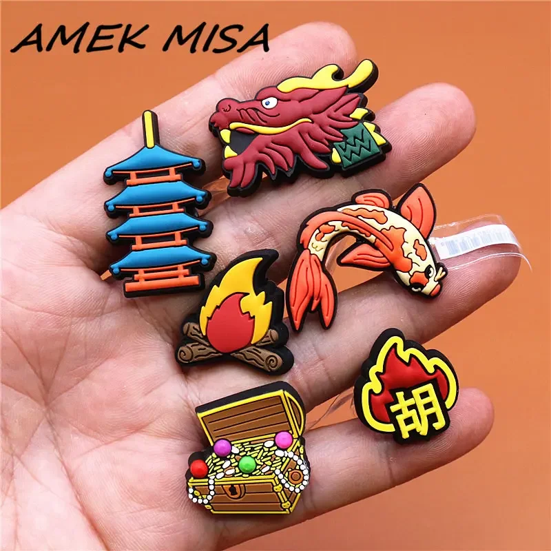 1pcs Original Lion Dance PVC Shoe Charms Novel Dragon Fish Bonfire Treasure Pagoda Shoes Decorations Buckle for Kids Party Gifts