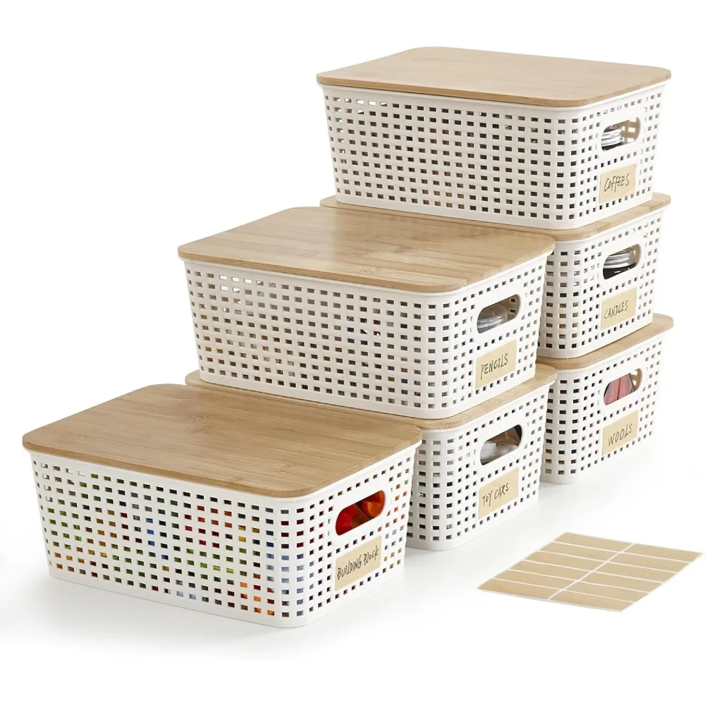 

Plastic Storage Bins with Bamboo Lids 5.2qt Stackable Box Basket Pantry Decorative Containers Cute with Lable