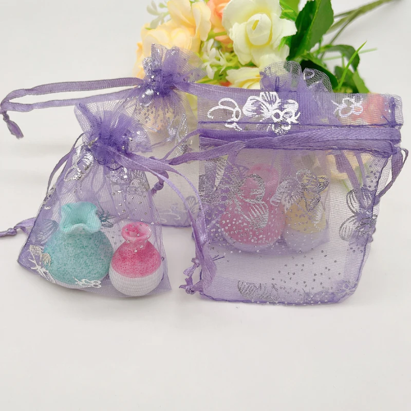 100pcs Butterfly Light Purple Violet Organza Gift Bags Wed Packaging Jewelry Storage Bags Violet Butterfly Sachet Drawstring Bag