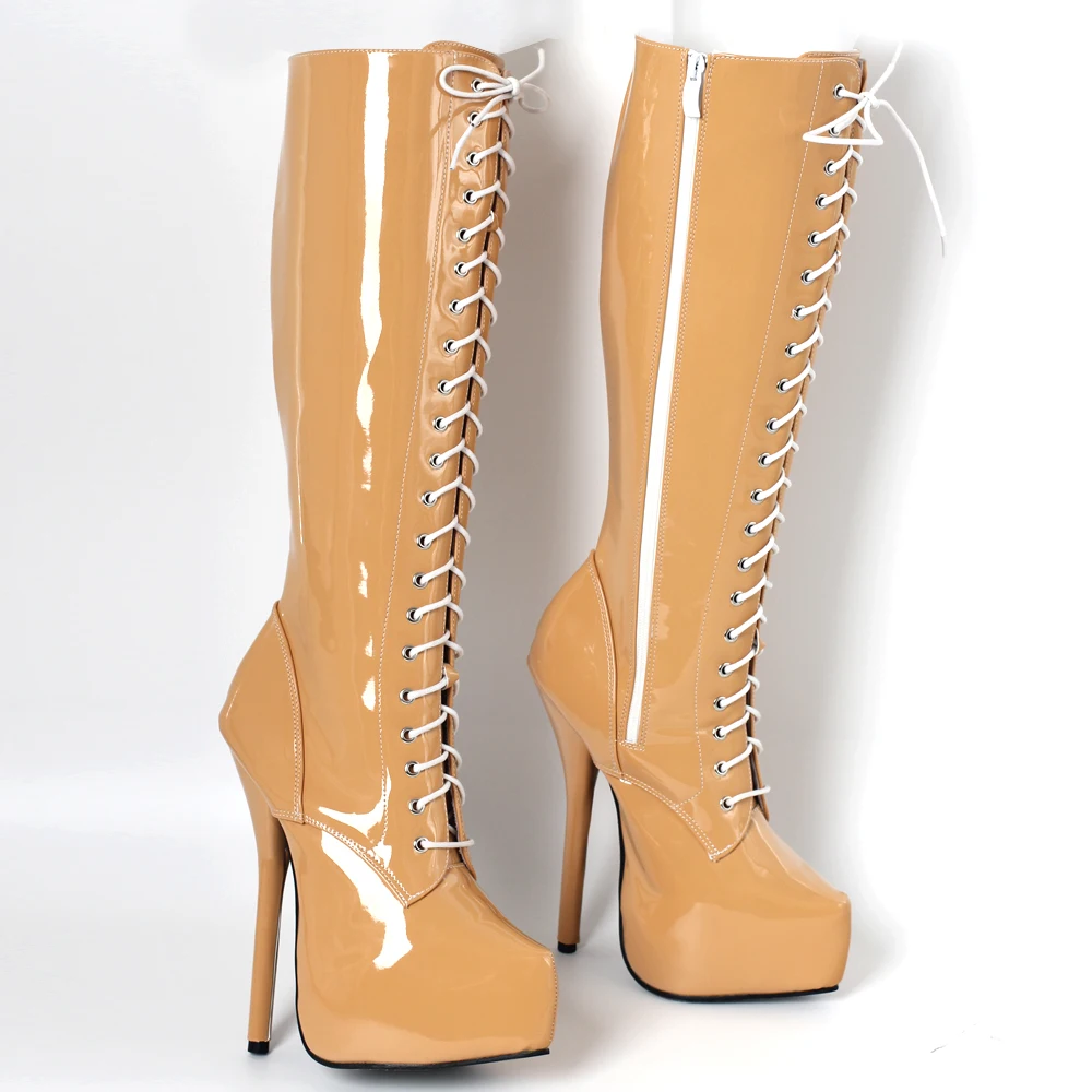 18 CM High Heel Platform Knee Boots Lace Up Sexy Stiletto Heels Toe Unisex Shoes Plus Size