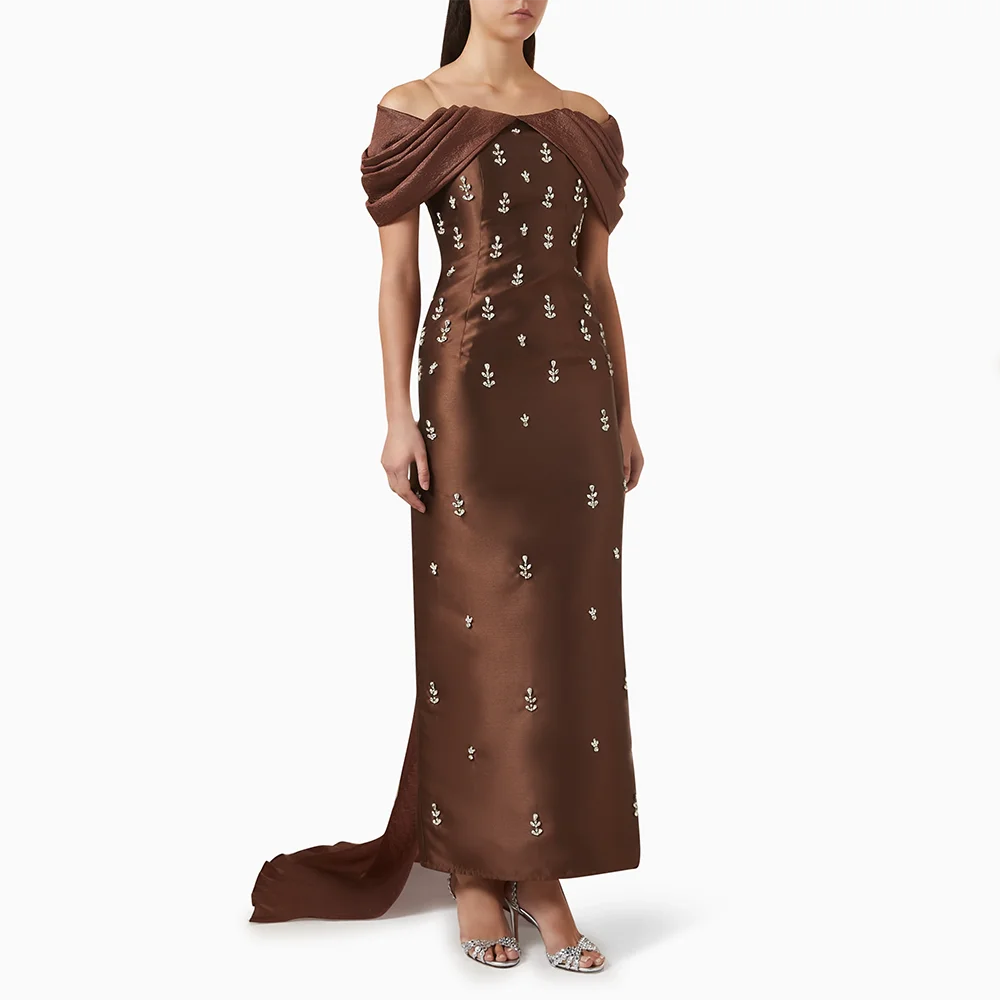 

Customized Short Sleeves Long Evening Dresses Elegant Formal Occasion Prom Gowns Bead Crystal Ankle Length Prom Dresses