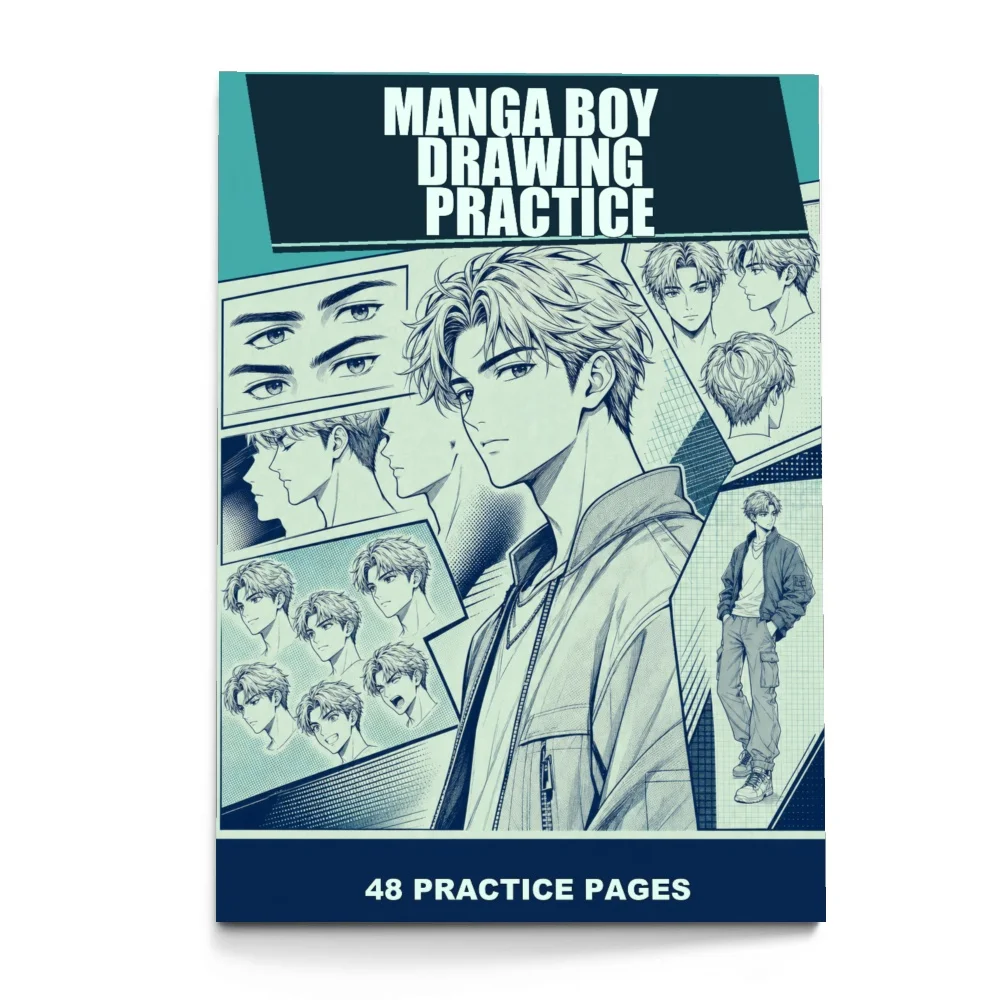 Manga Boy Drawing Practice Workbook, 48 Practice Pages for Facial Features, Head Portraits and Full Body Sketching