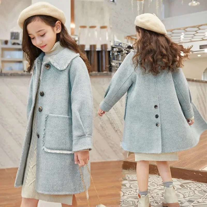 

Autumn Girls Woolen Dress Jacket with Pockets Kids Button Lapel Lining Long Coat for Girls Blue Beige Elegant Trench Coat 6-14