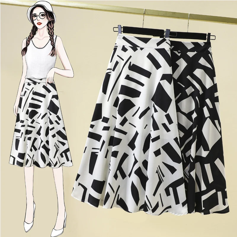 

Summer New Fashion Women's Classic Cozy Mid-long A-line Dress Office Lady Korean Style Casual Loose Elegant Graffiti Print Skirt