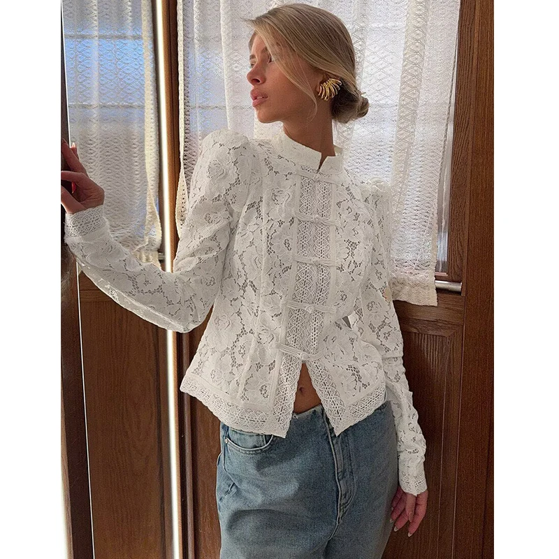 

Women's Lace Shirts & Blouses 2026 New Spring Fashion Retro Slim Elegant Hollow Women's Shirts Chic Youth Street Holiday Tops