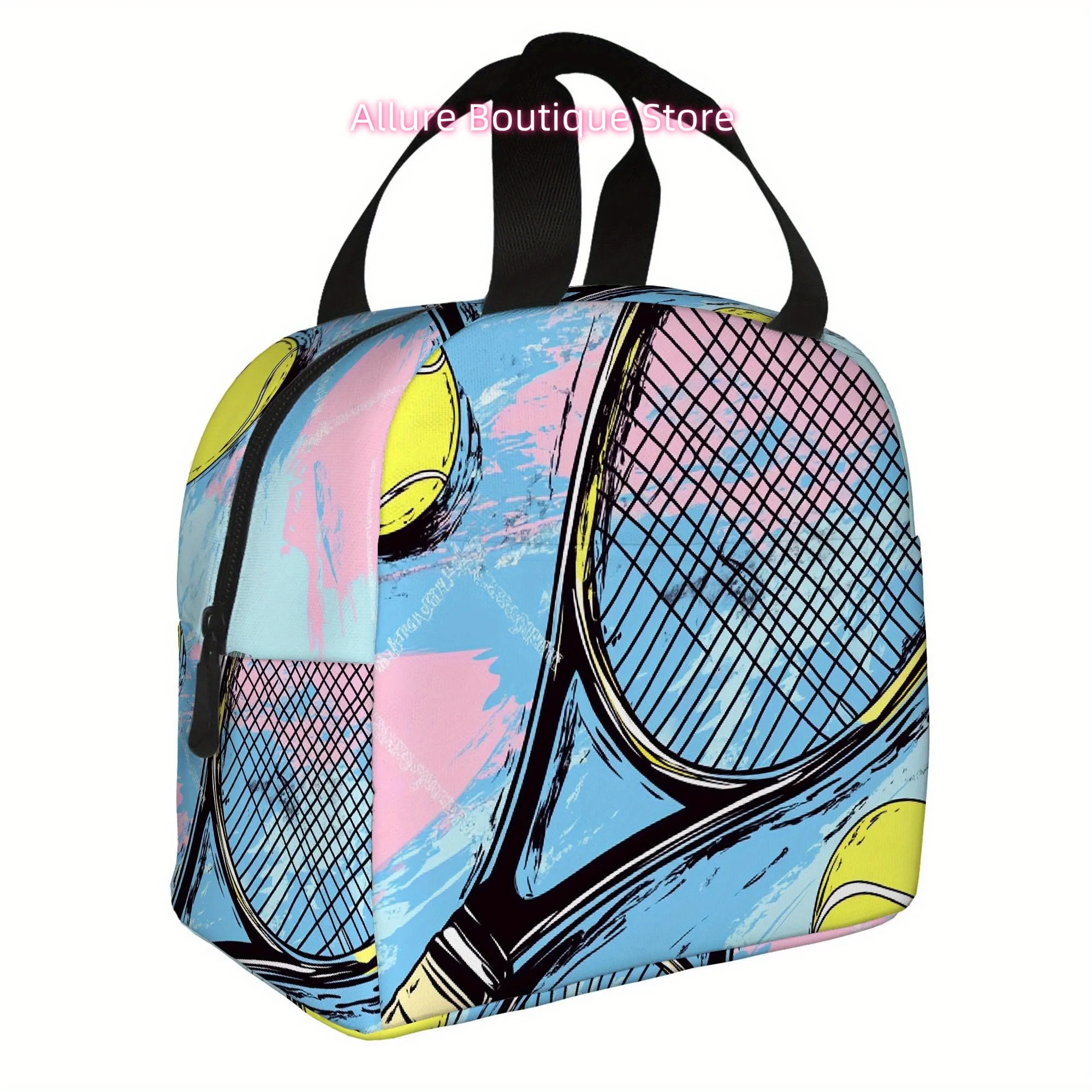 1pc, Tennis Racket and Balls on Colorful Background. Printed Thermal Bag, Insulation Bag, Insulated Bag. Not for Food Contact. S