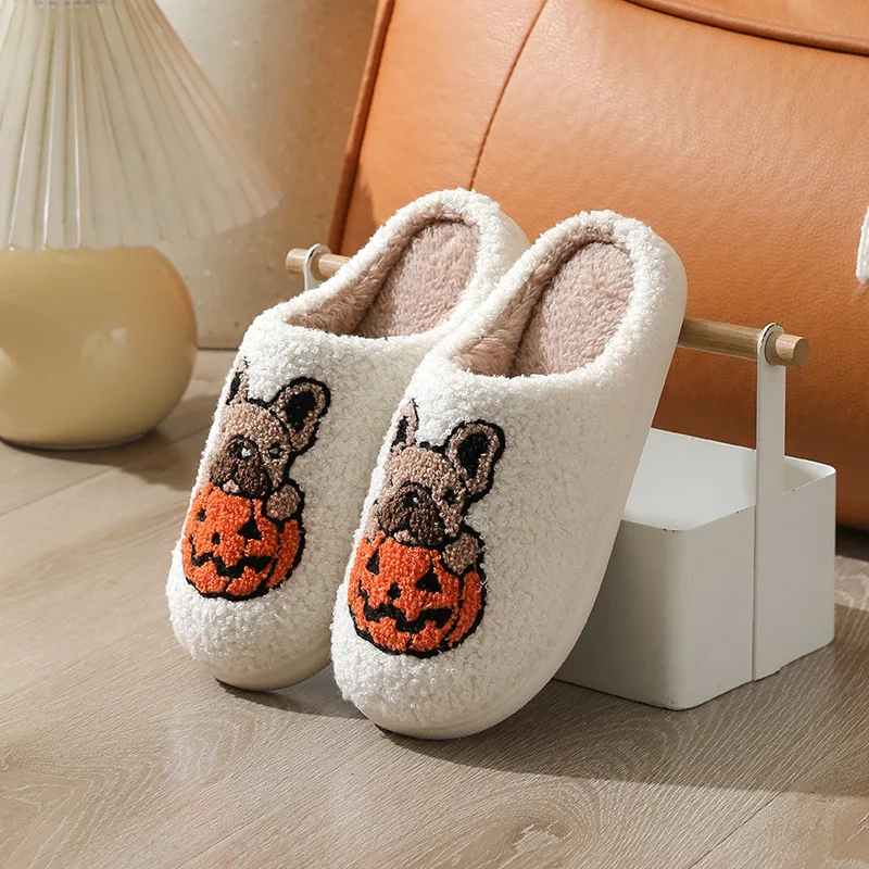 New Comfortable Halloween Pumpkin Slippers for Women, Indoor and Outdoor Pumpkin Dog Non-Slip Warm Thick Slippers