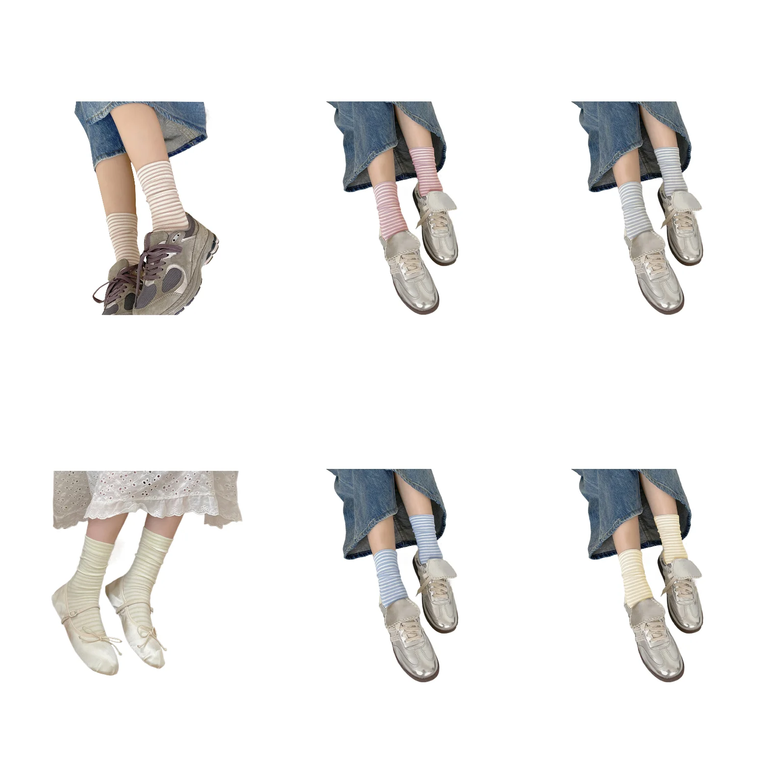 Six-color striped mid-calf socks set for women (1 pair each of coffee/pink/grey/green/blue/yellow)