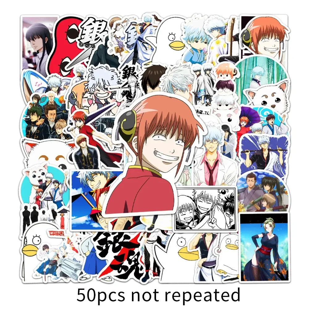 50 قطعة أنيمي جينتاما ساكاتا جينتوكي ملصقات مقاومة للماء مانغا الكرتون كاجورا شيمورا رسم الكتابة على الجدران خربش الزينة