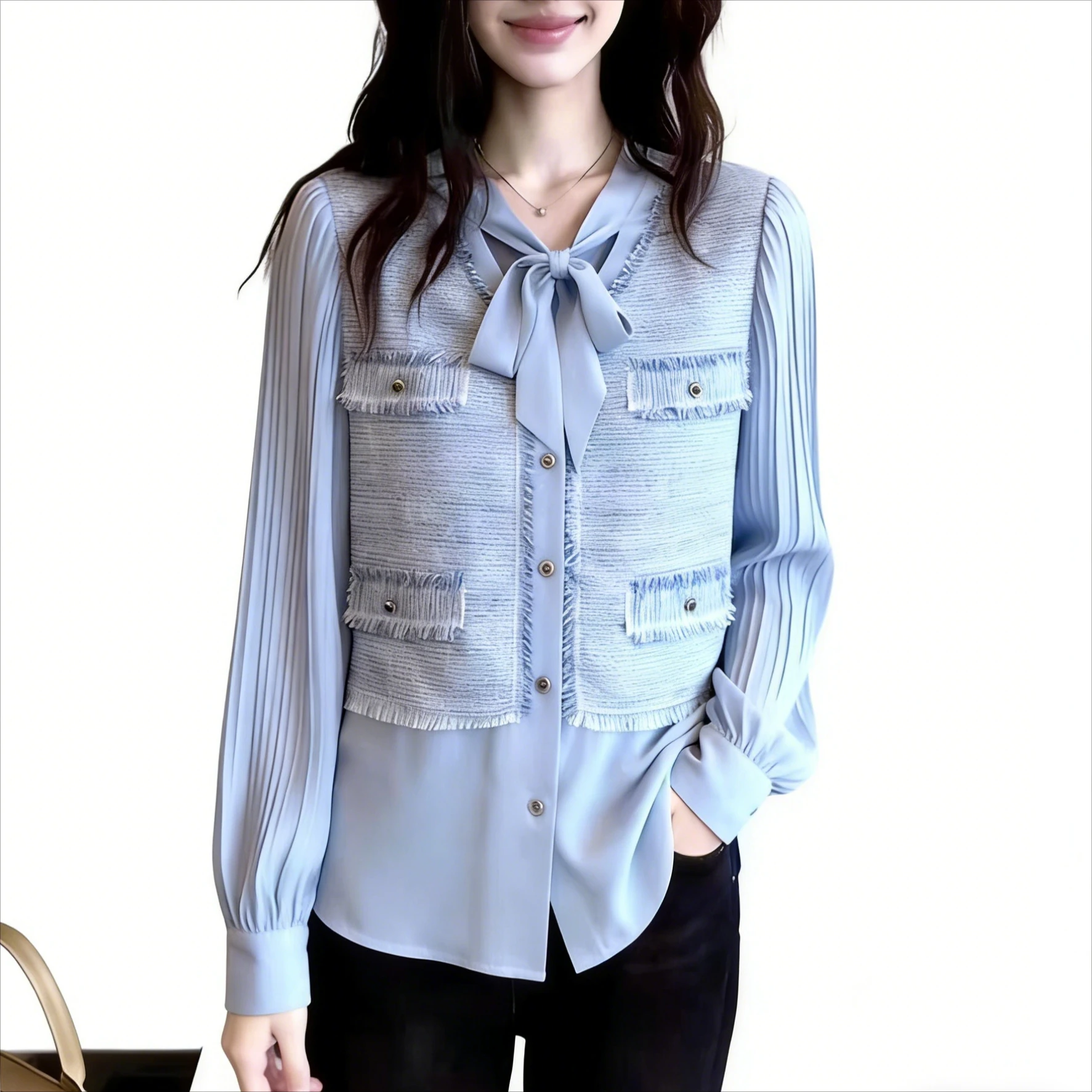 

Women's Light Blue Tweed Panel Blouse - Bow Tie Neck & Pleated Chiffon Sleeves - Frayed Edge Pocket Detail - Elegant Office