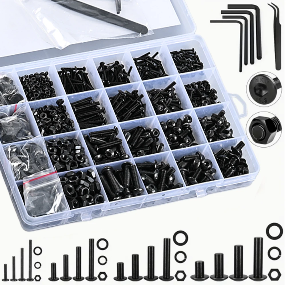 

1625Pcs of 12.9 Grade Alloy Steel Black Metric Screw Set M2 M3 M4 M5 With Locking Washer and Flat Washer Bolt Nut Kit Tweezers