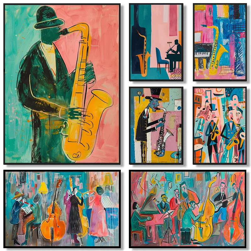 1pc frameless  Abstract Colorful Jazz Band Music Piano Guitar Modern Posters and Prints Canvas Printing Wall Art Picture for Liv