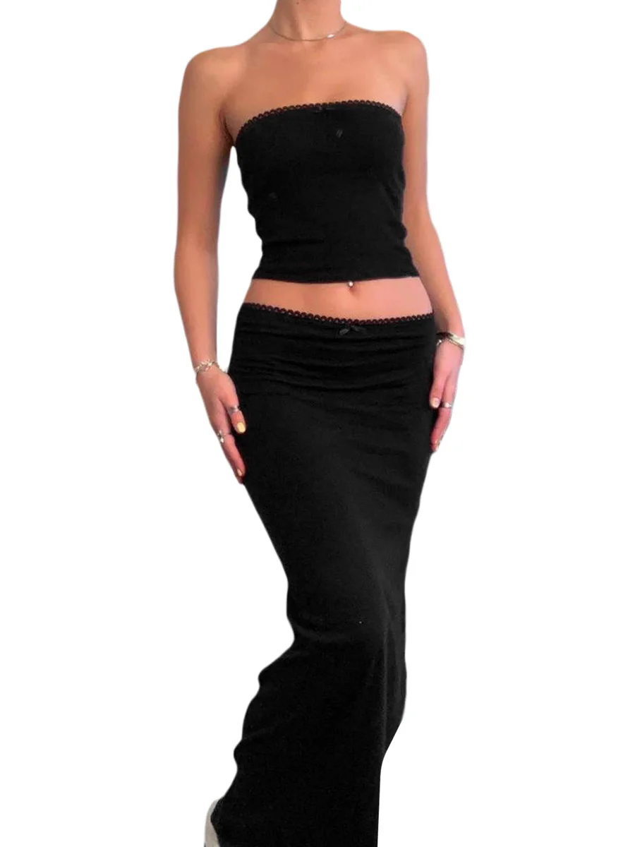 Two Piece Skirt Set Women Sexy Maxi Skirt Set Y2K Crop Tube Top and Bodycon Low Rise Long Skirt Outfits Going Out