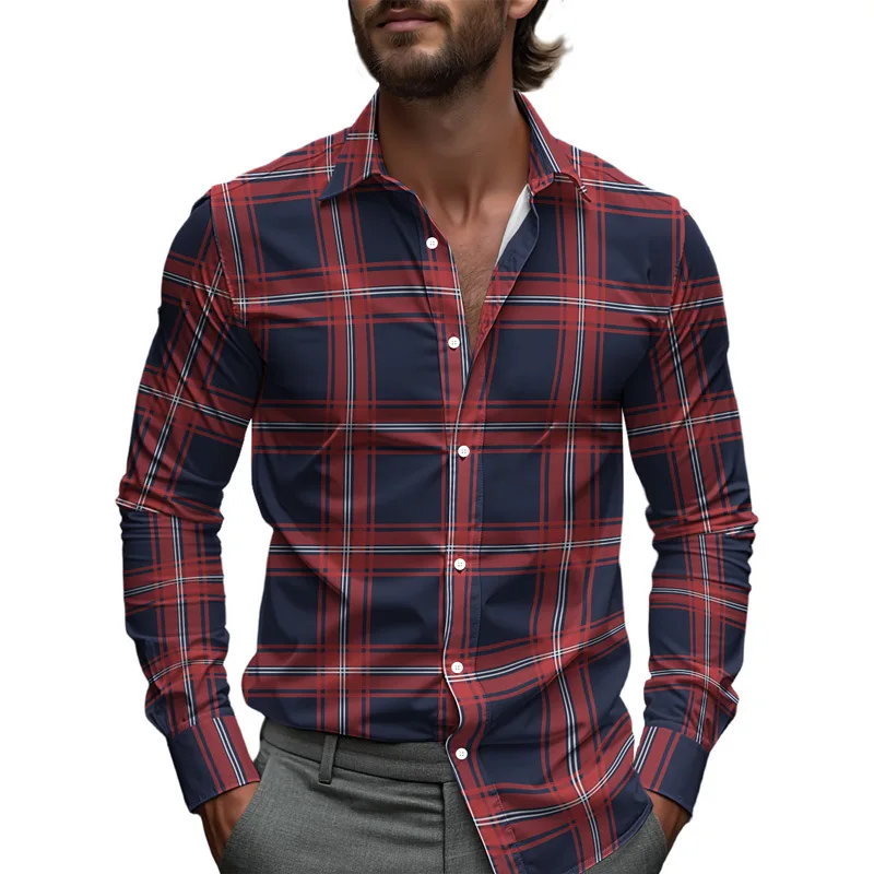 2025 men's fashion line checkered striped lapel business long sleeved shirt, high-quality button up top