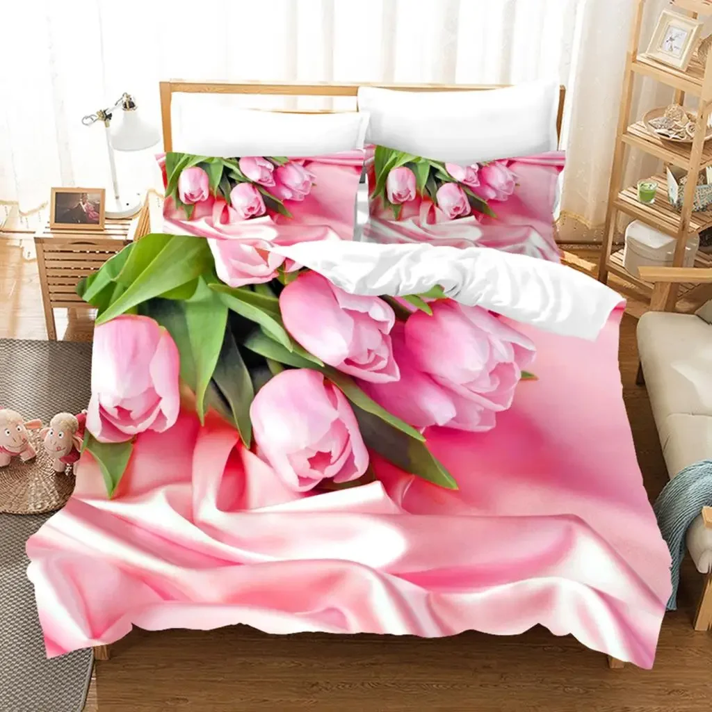 Pink Tulips Print Bedding Set Women Botanical Floral Duvet Cover Windmill Comforter Cover Romantic Flowers Pink Decor Bedspread