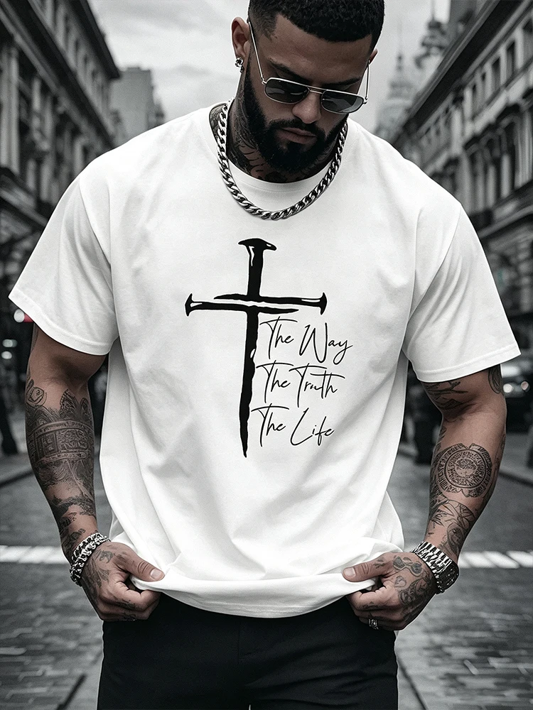 Men Christian Faith Cross The Way The Truth The Life Tee Quick Dry Polyester Short Sleeve Crew Neck Casual T-Shirt-T117