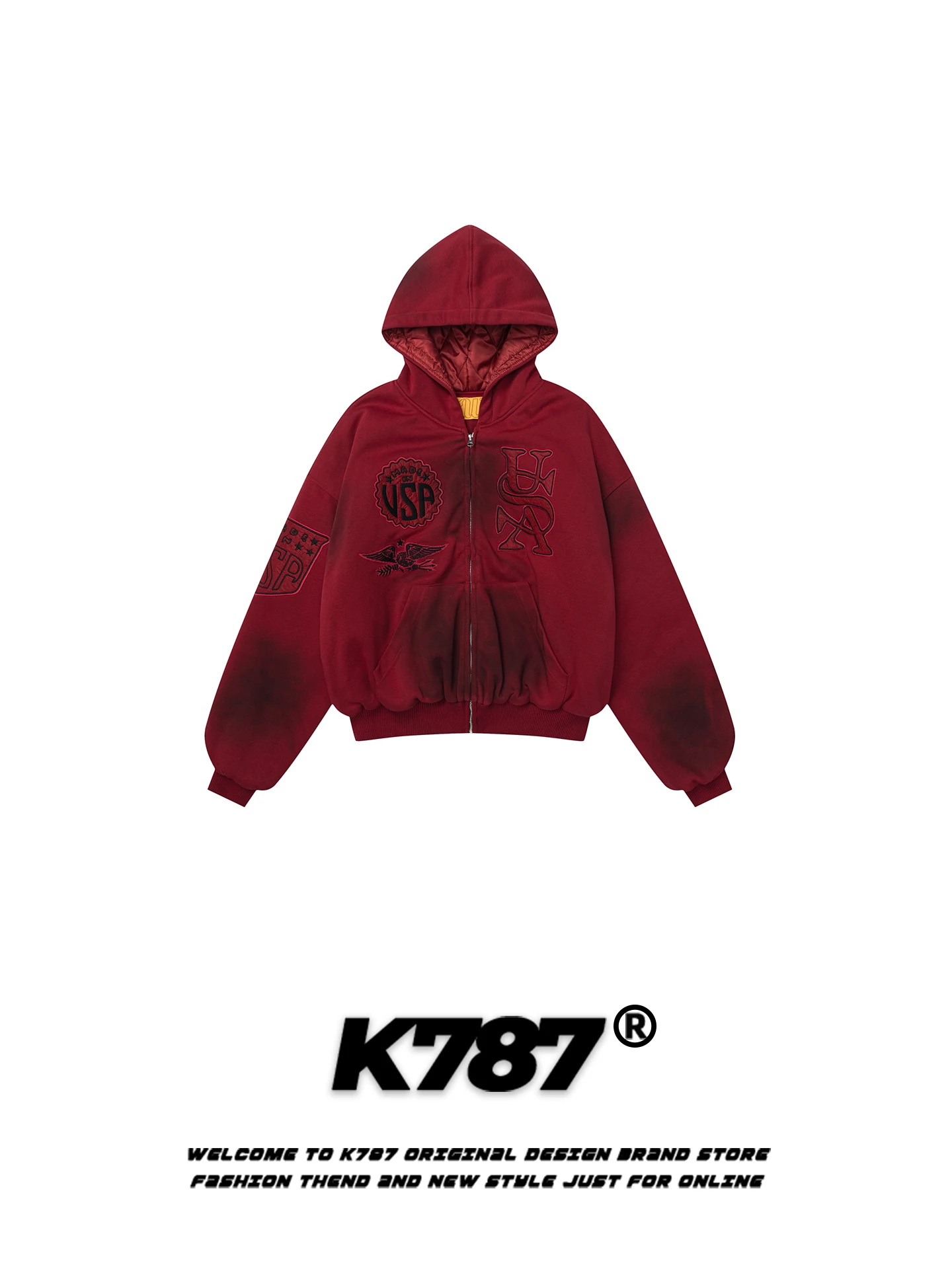 

Куртка унисекс K787 в американском ретро-стиле с вышивкой, хлопковая, с капюшоном, теплая, винно-красная, на молнии, модная, винтажная