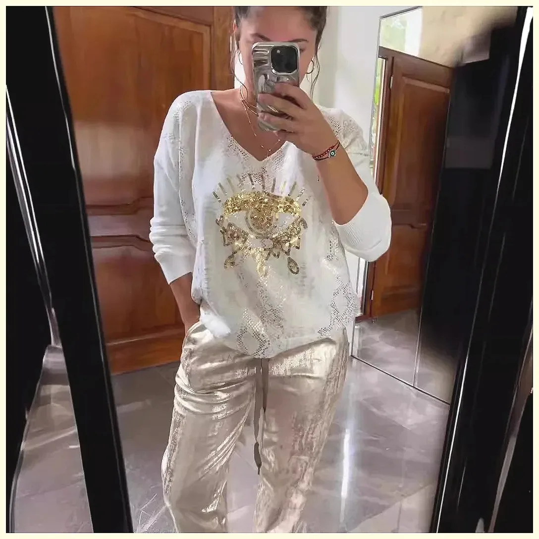 

Women's 2-Piece Set: V-Neck Long Sleeve Top & Elastic Waist Pants, Bright Eye Print, Plus Size Outfit