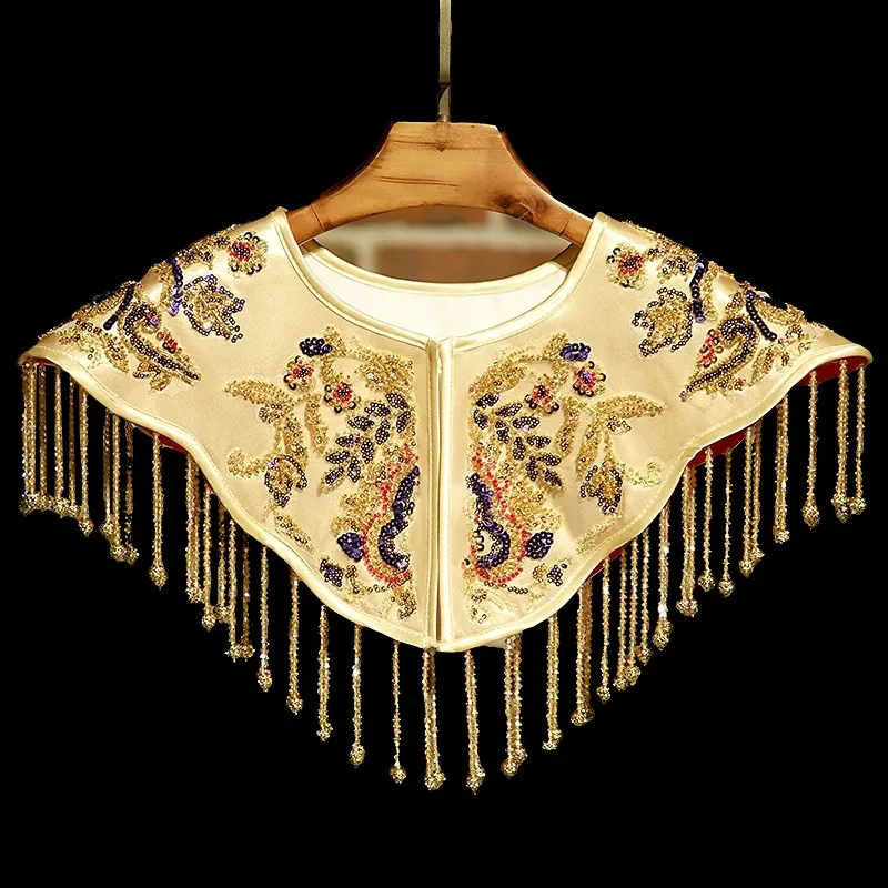 Women's Spring Autumn Vintage Beaded Embrodiery Gold Tassel Pashmina Female Winter Shawl Cloak Collar R2476