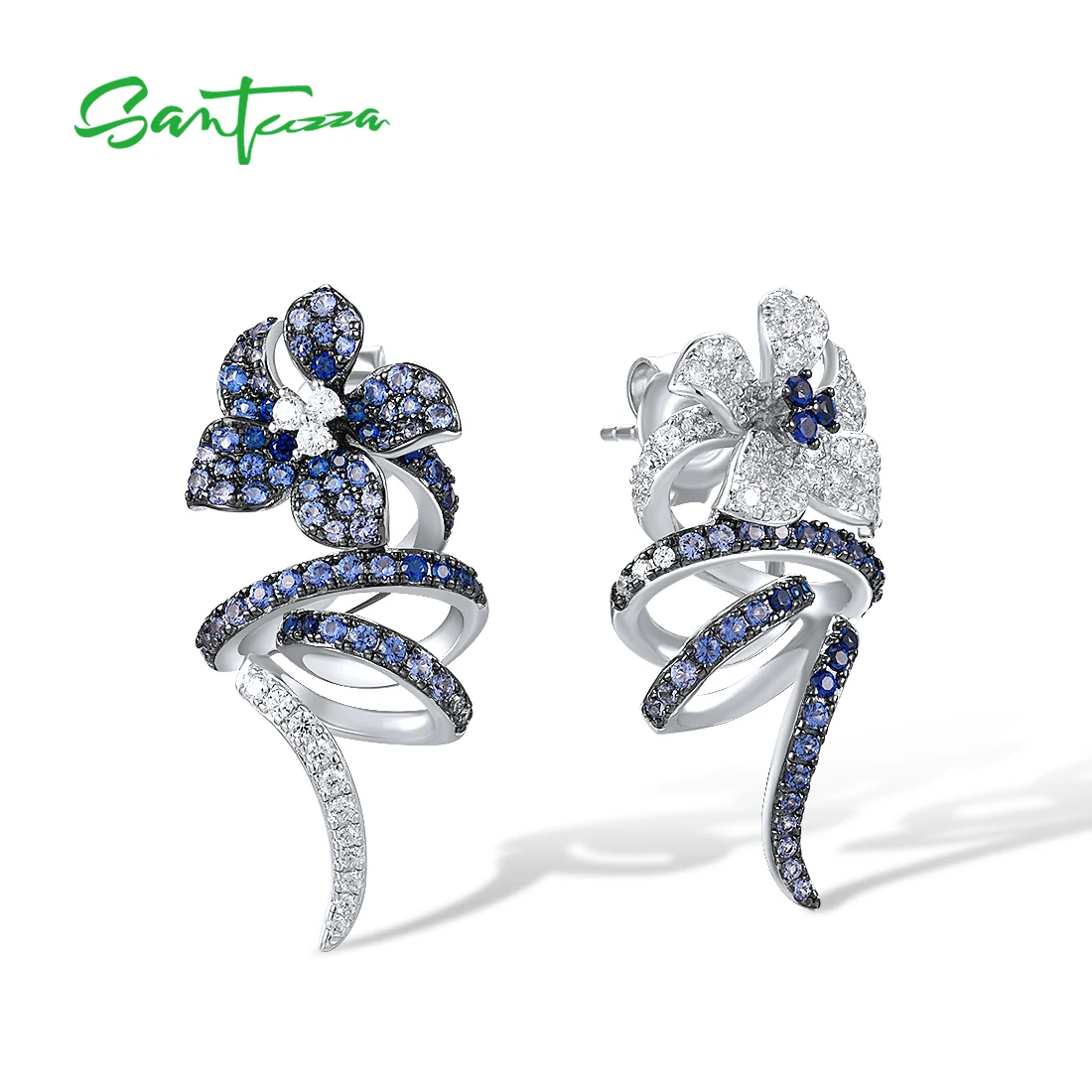 

SANTUZZA 925 Sterling Silver Stud Earrings For Women Sparkling Blue White Exquisite Twist Vine Flower Wedding Gifts Fine Jewelry
