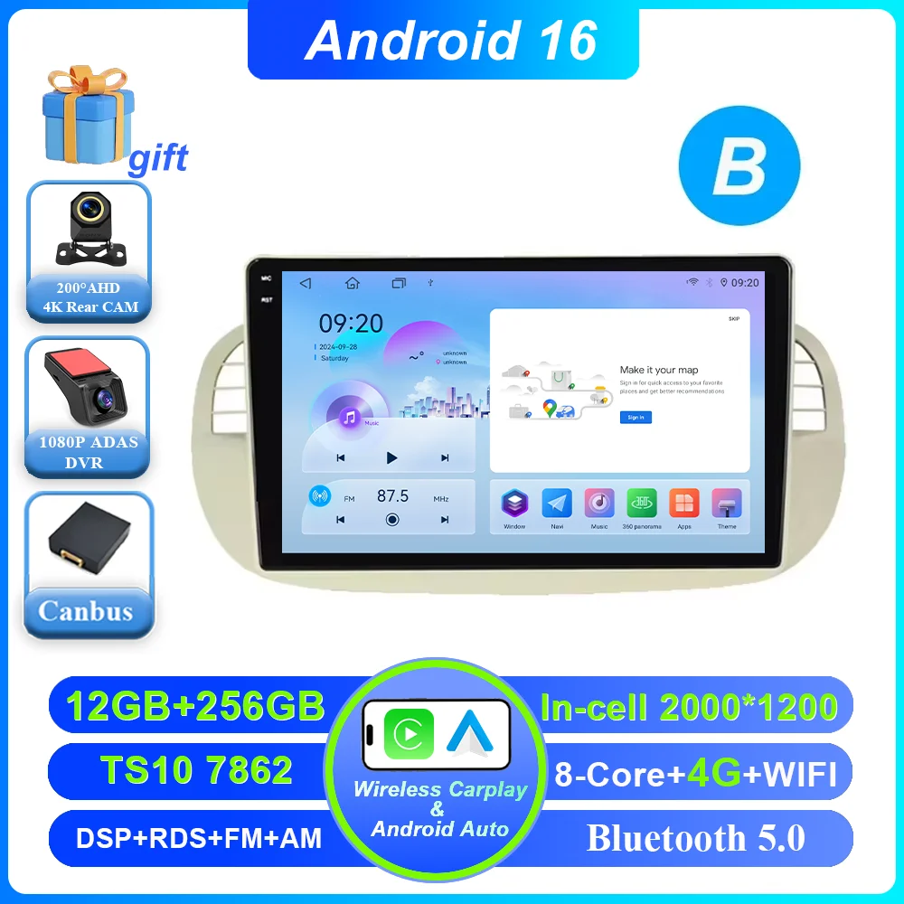 Auto DVD Android 16 Radio Stereo voor Fiat 500 2007-2015 Auto Multimedia Speler GPS Navigatie Hoofdunit Hoge-Prestatie CPU WIFI