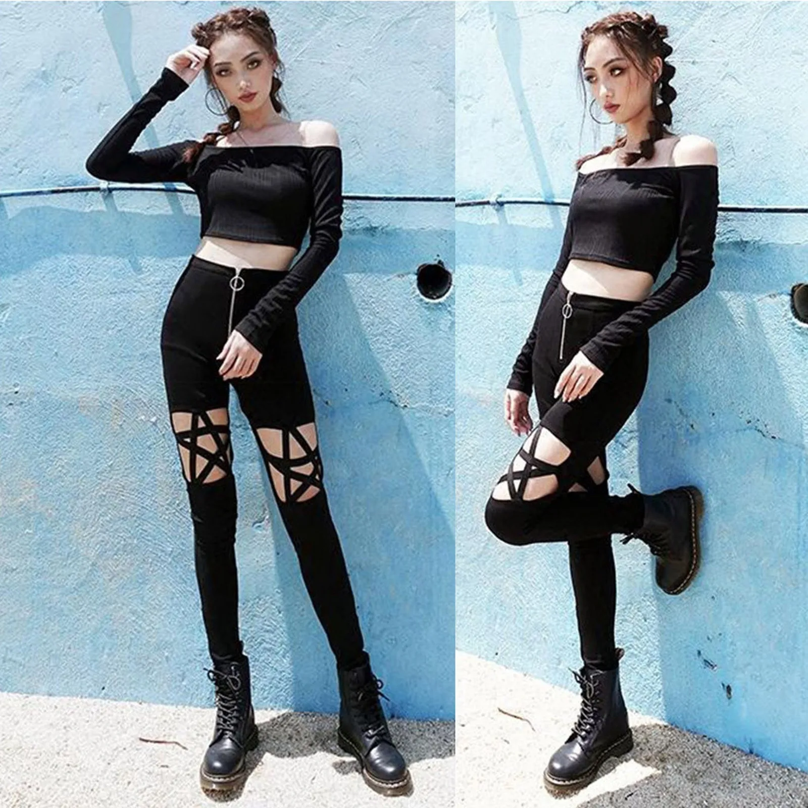 

Women's Pants Fashion Sexy Punk Style High Rise Five Pointed Star Woven Belt Hollow Zipper Tight Pants Women Casual Trousers