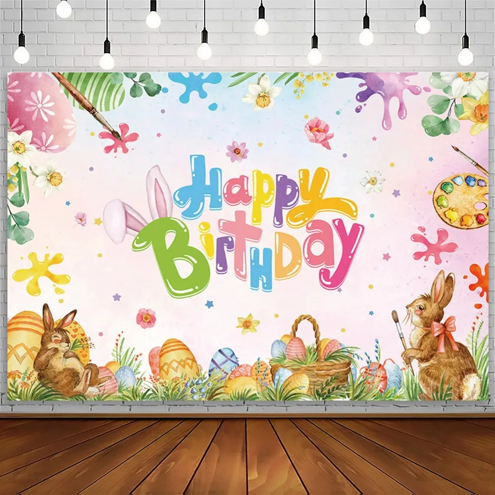 Bunny Happy Birthday Backdrops Rabbit Spring Easter Eggs Grass Butterfly Child Birthday Party Decor Cake Photography Background