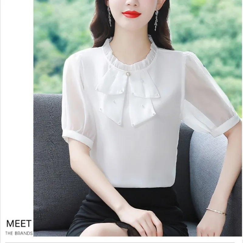 Women Summer Fashion Office Lady Loose Diamonds Solid Color O-neck Short Sleeve Shirts Ladies Casual All-match Appear Thin Tops