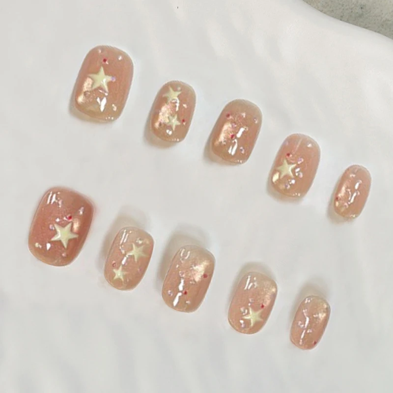 10 Stück Französische Kurze Ovale Aufklebenägel - Einfache Farbblock-Streifen & Stern-Designs Glänzende Mix-and-Match Künstliche Nägel – Detail 11