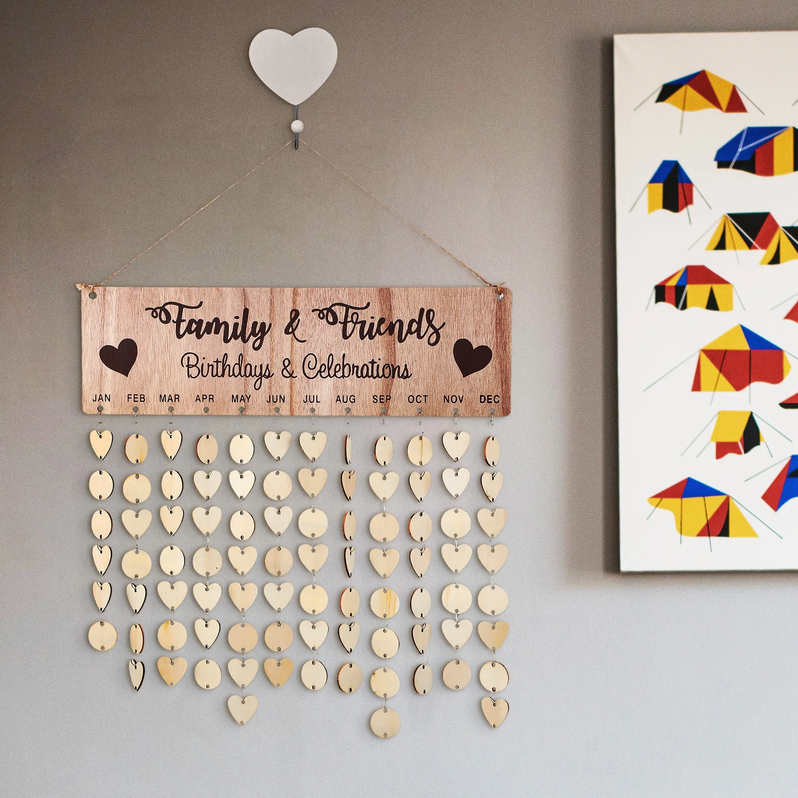 

1Set Wall Wood Calendar Hanging DIY Wooden Countdown Board with Metal Rings Natural Wood Slices for Home Office Birthday