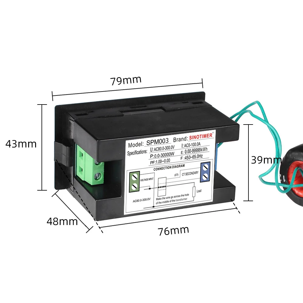 SPM003 LCD Digital HD Color Screen Voltage Current Power Factor Active KWH Electric Energy Frequency Meter 100A Power Monitor