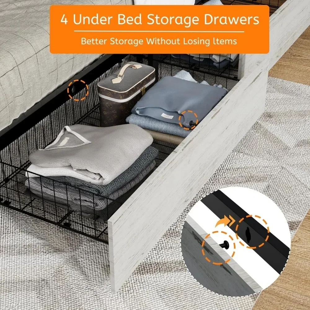 Queen  Size Bed Frame with Linen Upholstered Headboard Iron Platform Bed with Touch Light Belt Built-in Charging Station image 5