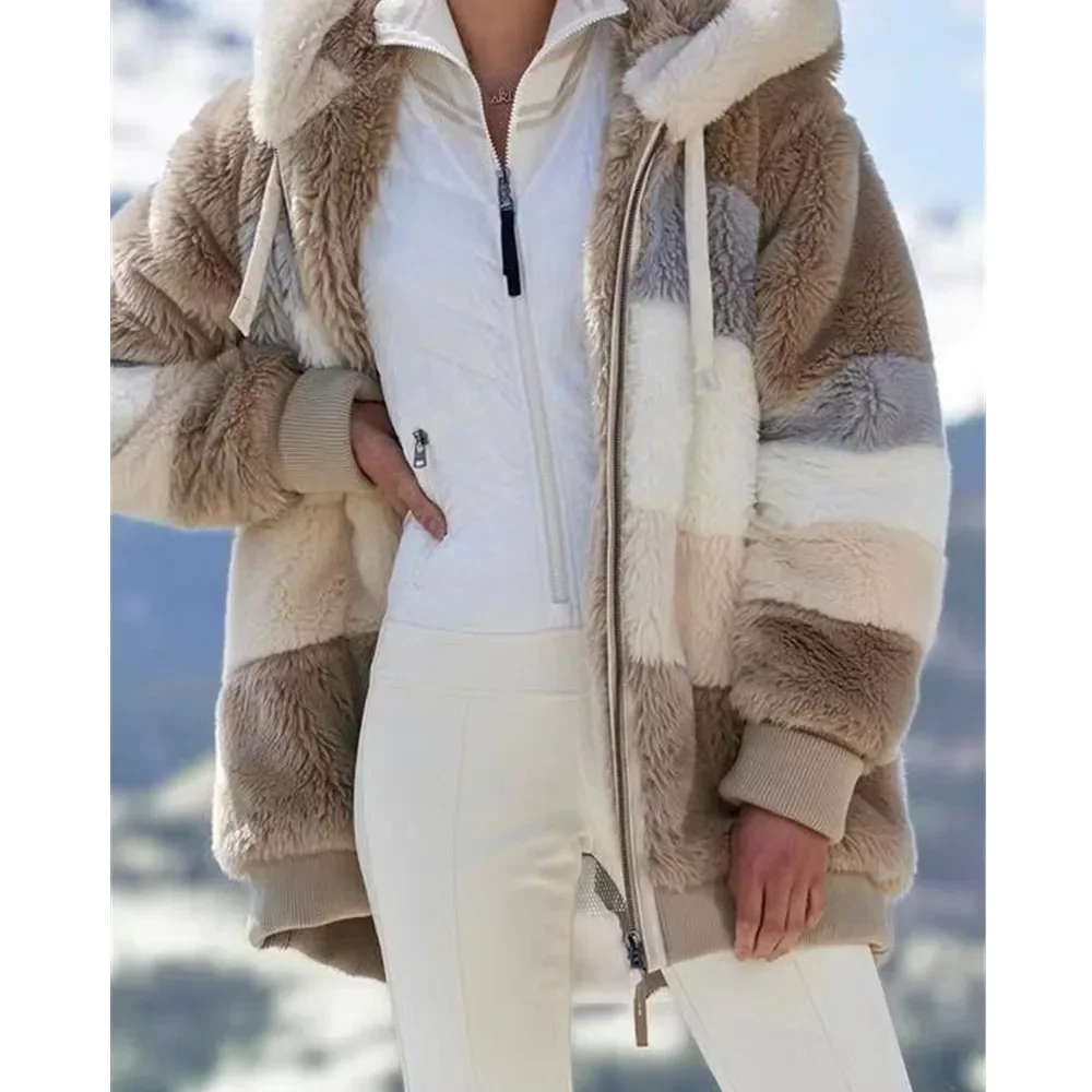 

Fall Winter Faux Fur Patchwork Oversize Zipper Outwear Ladies Elegant Loose Fleece Hooded Coat Jacket Women Warm Plush Jackets