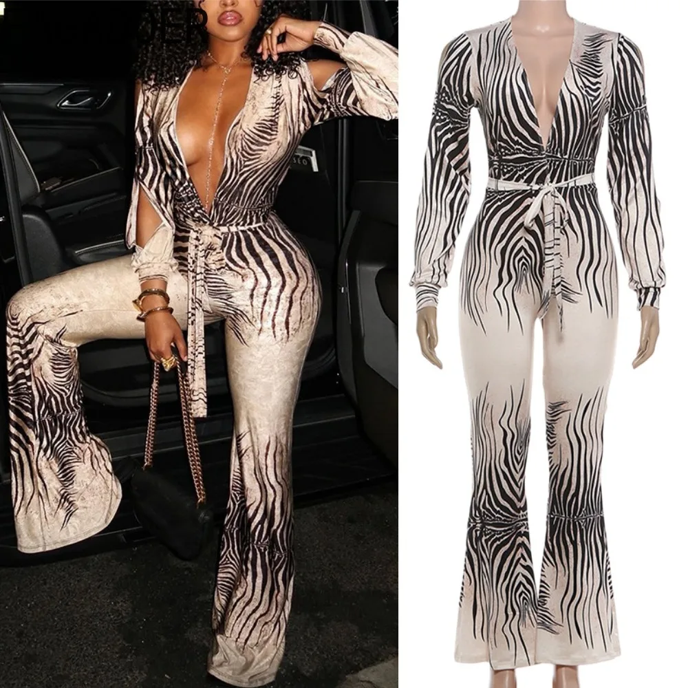 

FAGADOER Fashion Tie-dye Patchwork Bodycon Jumpsuits Woman Hollow-out Deep V-neck Rompers Female High-waisted Flared Overalls