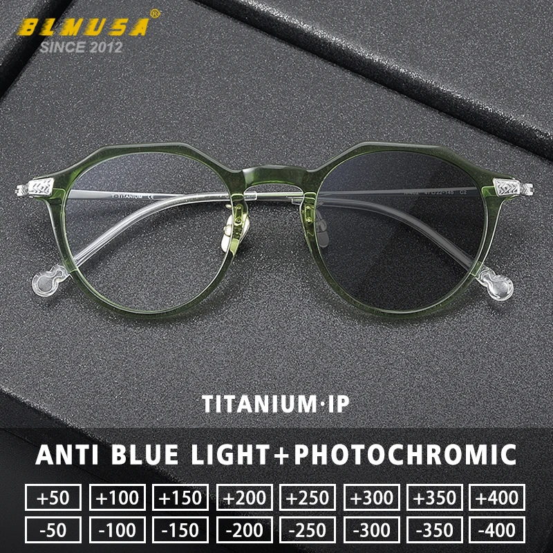 

BLMUSA Retro Pure Titanium Myopia Prescription Eyewear Blue Light Blocking Photochromic Acetate Glasses Can Customized for Men