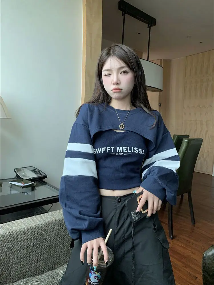 Sets Women Cropped Sweatshirts Long Sleeve Tanks Tops Letter Slim Sexy High Street Harajuku Ulzzang All-match Autumn Outfits New