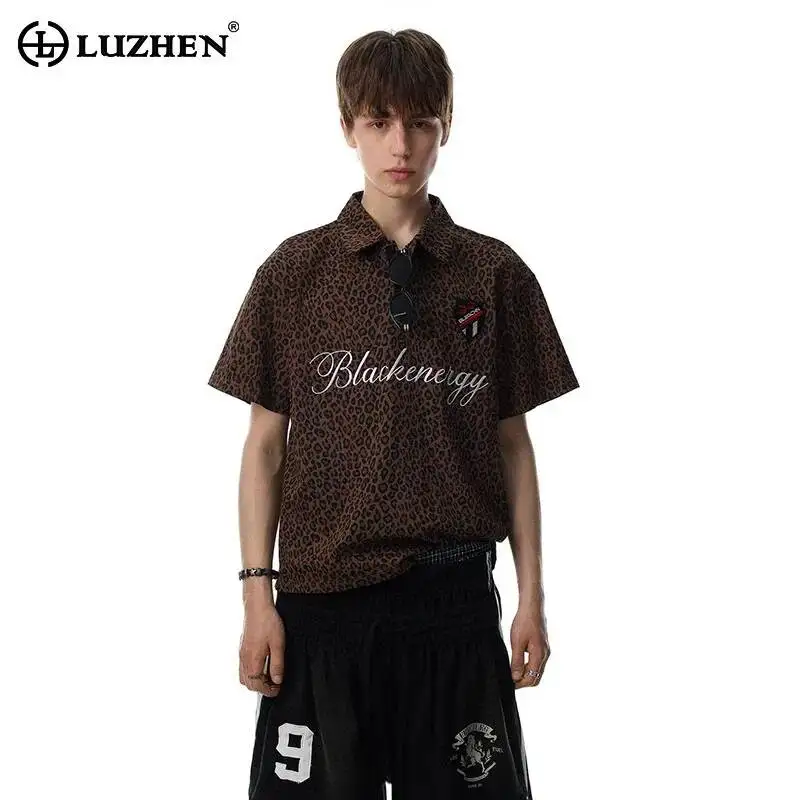 LUZHEN 2026 Summer Embroidery Patchwork Logo Letter Short Sleeve T-shirts Men's Fashion Elegant Leopard Print Male Tops JY7662