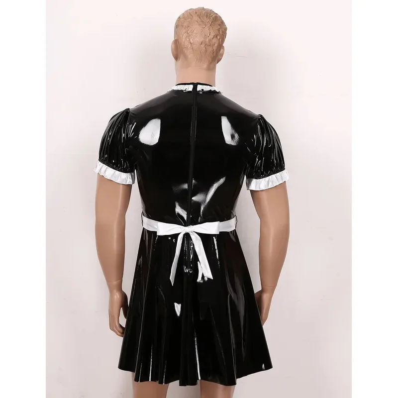 فستان خادمة سيسي للرجال مع المئزر ، زي تنكري للذكور ، كم منفوخ ، مظهر رطب ، جلد براءة اختراع ، زي خادم ، مشتعل ، ملابس نوم