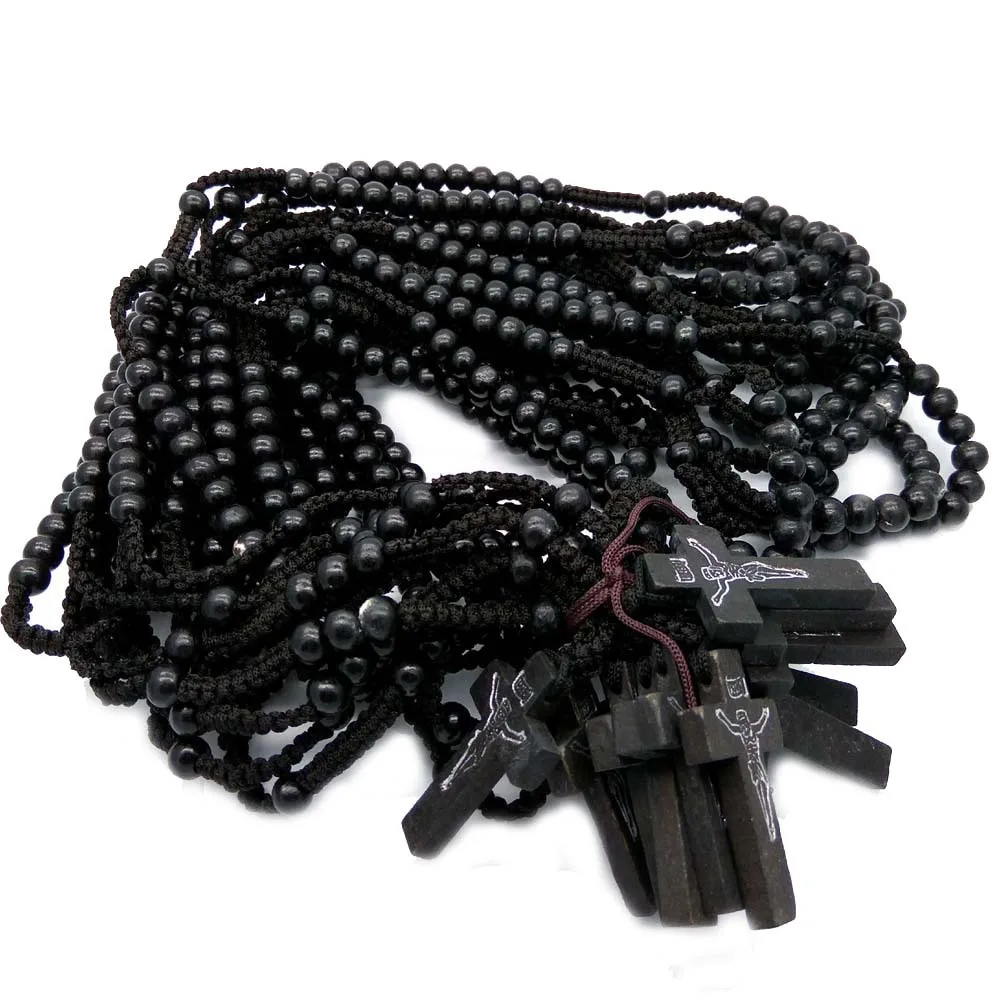 8mm Black/Brown/Wood/Khaki Wooden Rosary Beads Catholic Orthodox Cross Necklace for Men, Wooden Woven Rope Prayer Spiritual Gift