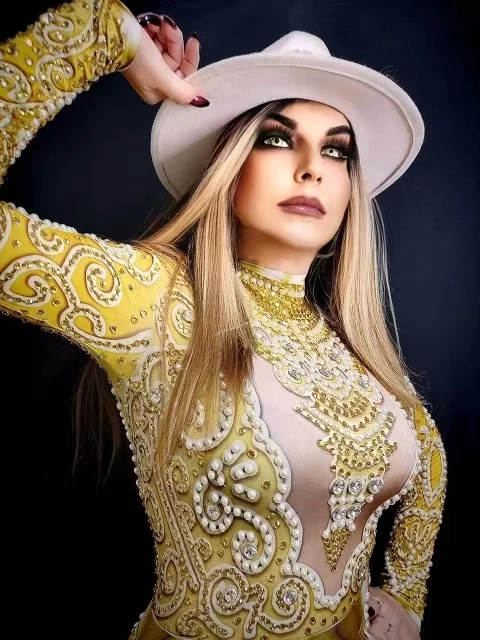 Pérolas de luxo bodycon macacões boate palco dança bodysuits festa à noite celebrar macacão showgirl traje