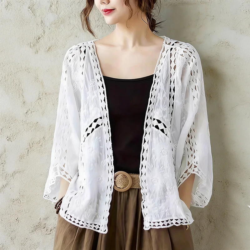 Cárdigan de Mujer con Mangas Kimono, Frente Abierto, Diseño Calado, Chaqueta de Punto Abierto, para Primavera/Verano, Playa, Estilo Boho