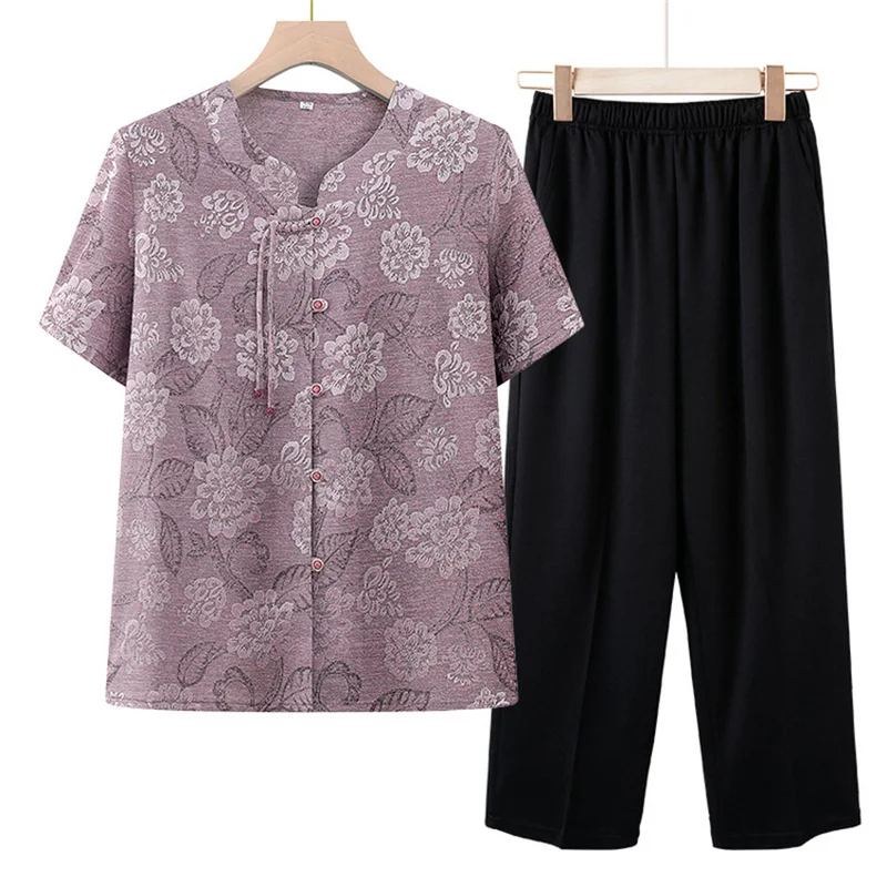 Elegant Women's Sets New Short Sleeve Trousers Suit Summer Middle Aged Mother Home Clothing Casual Two Piece Grandma Pajama image 2