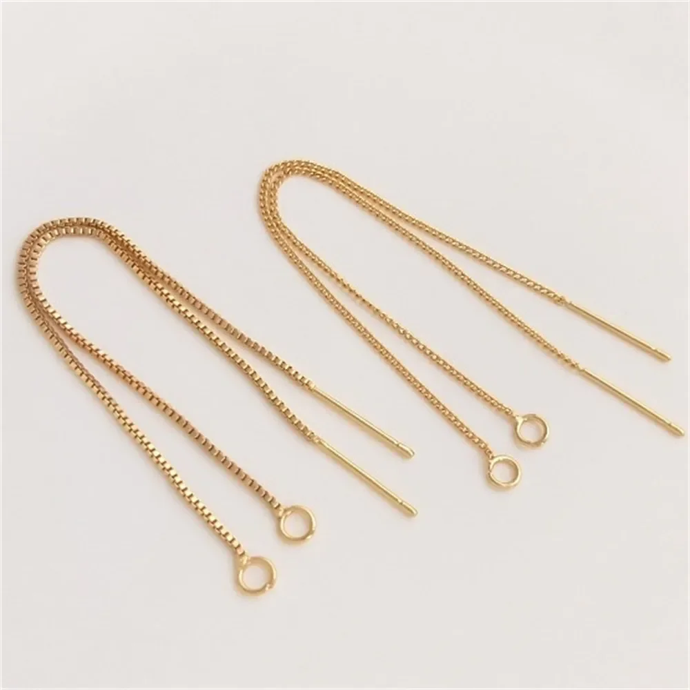 

14K Gold Earrings S925 Silver Pin Stud Earrings with Hanging Side Body Box Chain Earrings Handmade Diy Earrings Accessories E161