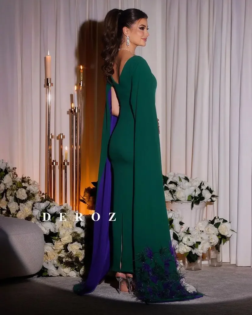 Green Prom Dresses Ankle Length Square Neck Purple Feathers Evening Dress Zipper Party Gown Saudi Arabia Women Celebrity Party