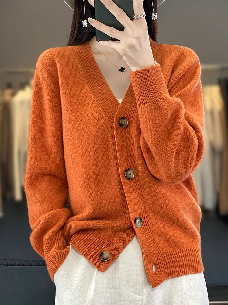 ADDONEE Women V-neck Casual Cardigan Sweater For Spring Autumn Pure Color Long Sleeve Coat 100% Merino Wool Cashmere Knitwear