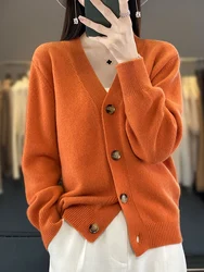 ADE-WhatsApp-Pull cardigan décontracté à col en V pour femme, manteau à manches longues, 100% laine mérinos, tricots en cachemire, document pur, printemps et automne