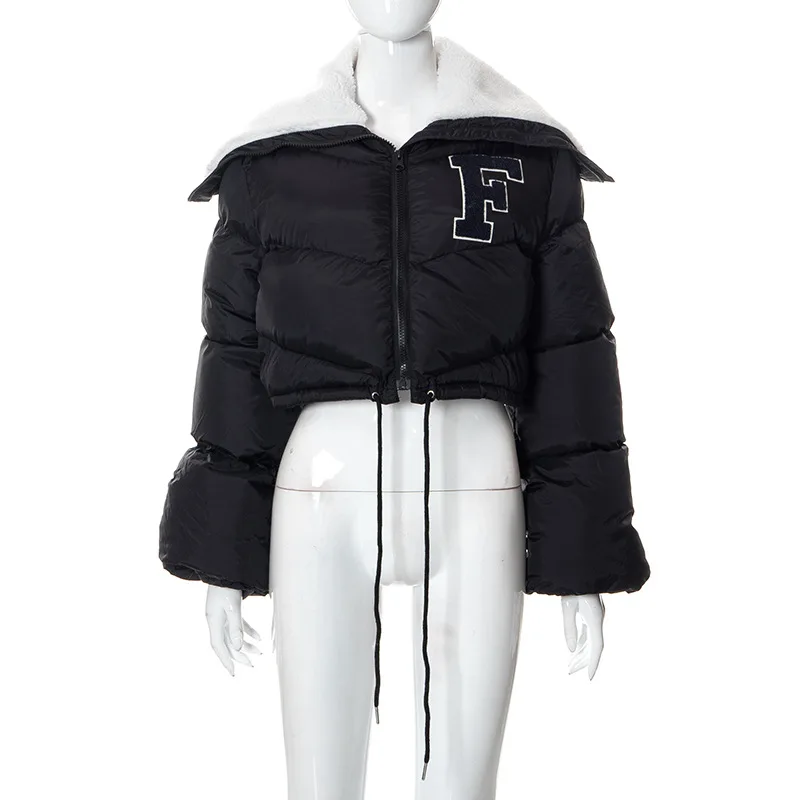 턴 다운 칼라 자켓 여성 편지 자수 긴 소매 짧은 다운 코트 Drawstring 패션 streetwear 오버 코트 New
