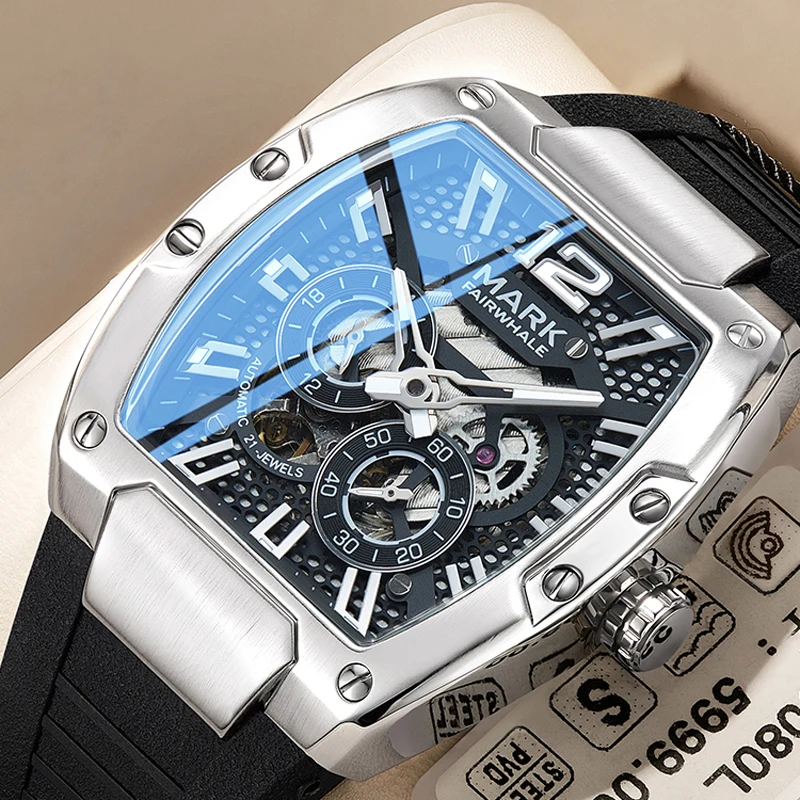 

Mark Fairwhale Brand Sport Silicone Strap Mechanical Watch for Men Waterproof Luminous Fashion Tonneau Automatic Watches Mens