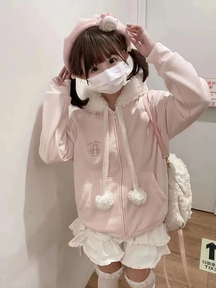 

Sweet Kawaii Hoodies Women Korean Fashion Harajuku Long Sleeve Sweatshirt Japanese Pink Zip Up Casual Aesthetic Y2K Tops New
